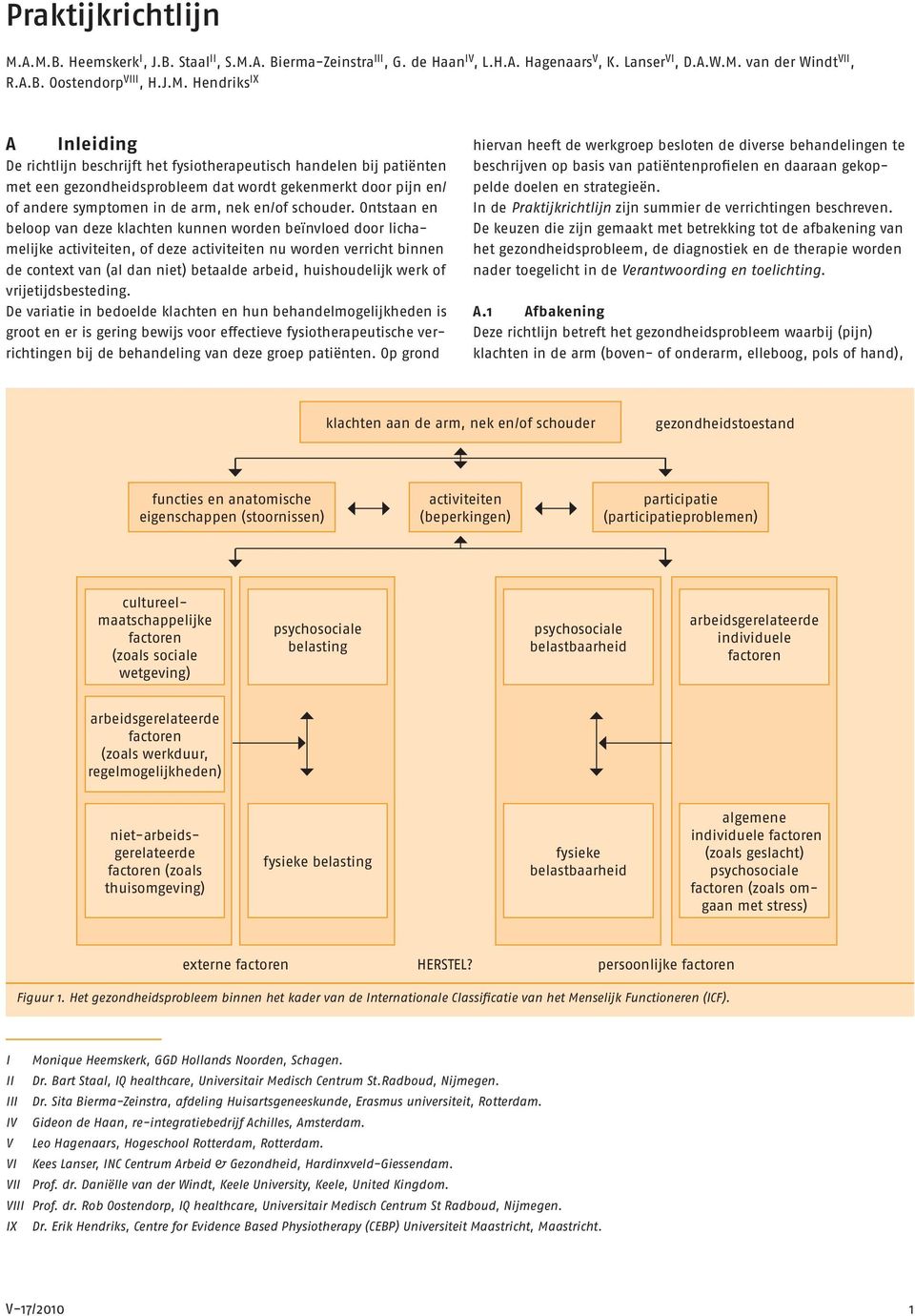 richtlijn beschrijft het fysiotherapeutisch handelen bij patiënten met een gezondheidsprobleem dat wordt gekenmerkt door pijn en/ of andere symptomen in de arm, nek en/of schouder.