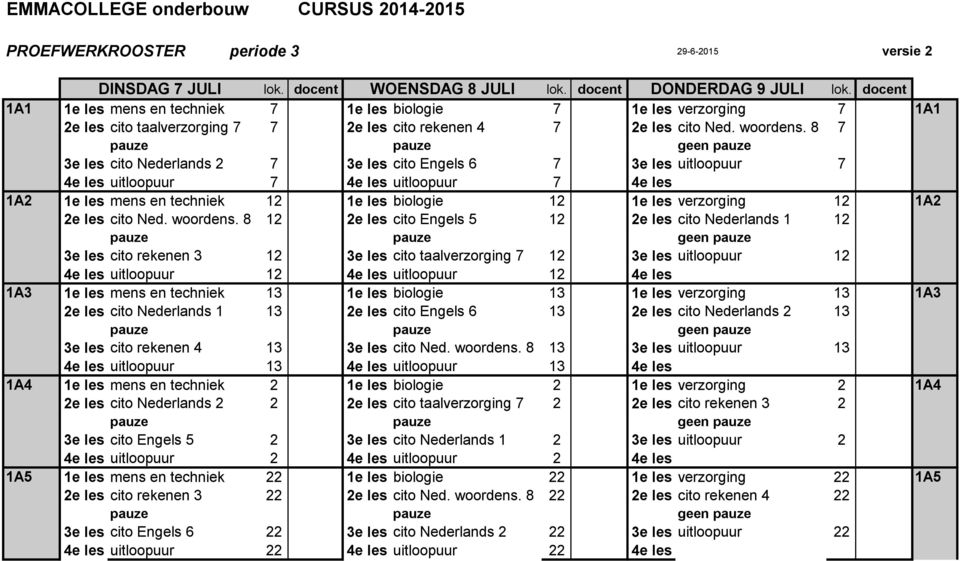 8 7 3e les cito Nederlands 2 7 3e les cito Engels 6 7 3e les uitloopuur 7 4e les uitloopuur 7 4e les uitloopuur 7 4e les 1A2 1e les mens en techniek 12 1e les biologie 12 1e les verzorging 12 1A2 2e