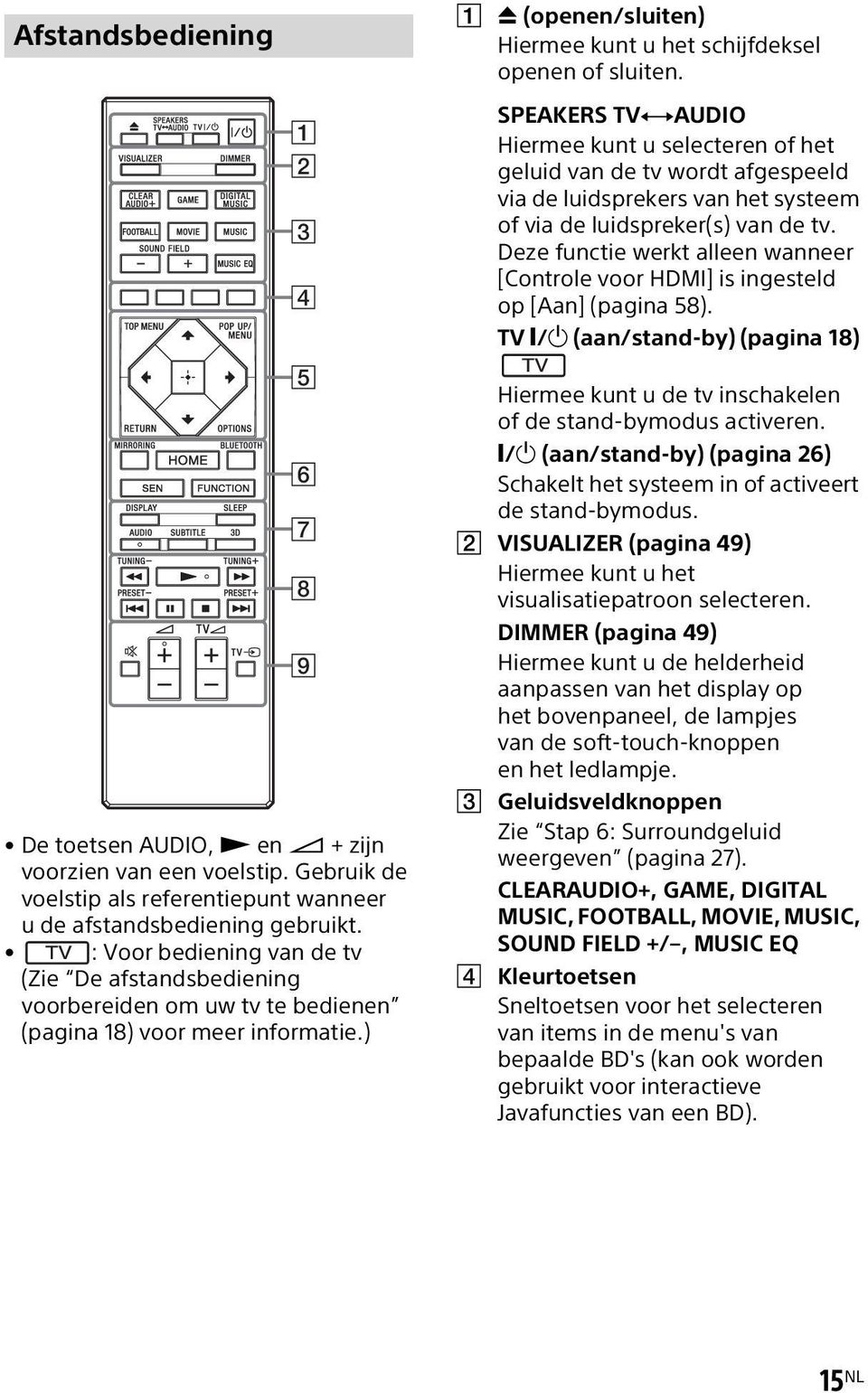 ) SPEAKERS TVyAUDIO Hiermee kunt u selecteren of het geluid van de tv wordt afgespeeld via de luidsprekers van het systeem of via de luidspreker(s) van de tv.