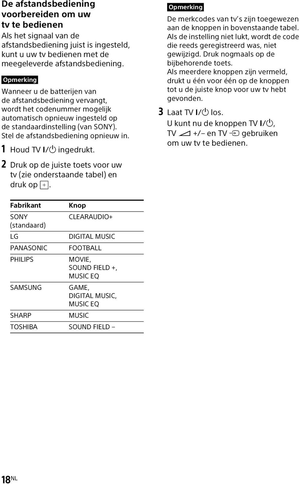 1 Houd TV?/1 ingedrukt. De merkcodes van tv s zijn toegewezen aan de knoppen in bovenstaande tabel. Als de instelling niet lukt, wordt de code die reeds geregistreerd was, niet gewijzigd.