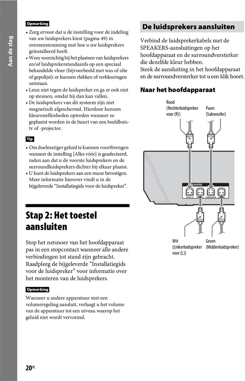 ontstaan. Leun niet tegen de luidspreker en ga er ook niet op steunen, omdat hij dan kan vallen. De luidsprekers van dit systeem zijn niet magnetisch afgeschermd.