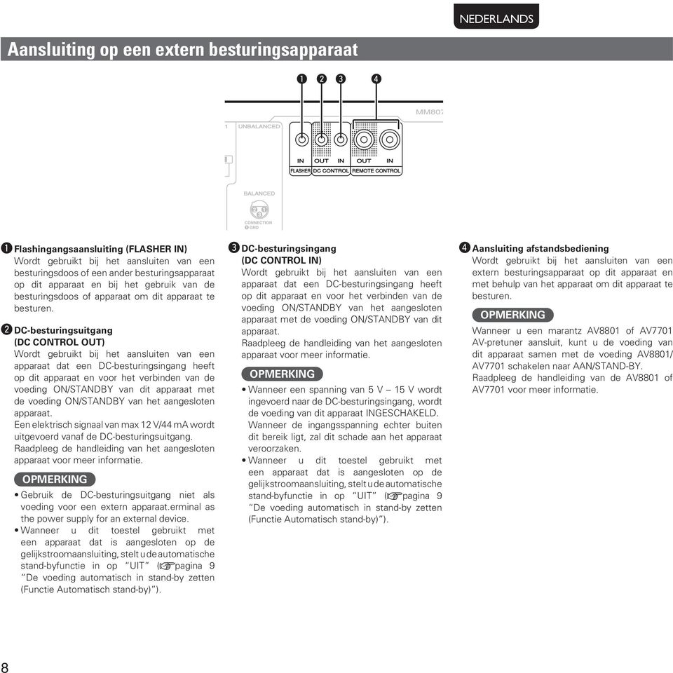 w DC-besturingsuitgang (DC CONTROL OUT) Wordt gebruikt bij het aansluiten van een apparaat dat een DC-besturingsingang heeft op dit apparaat en voor het verbinden van de voeding ON/STANDBY van dit