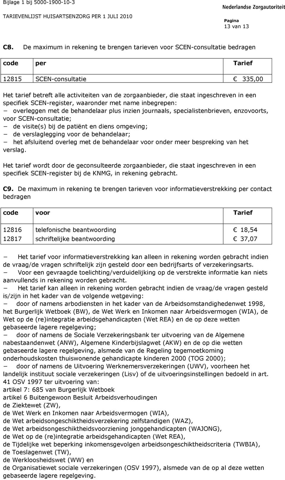 ingeschreven in een specifiek SCEN-register, waaronder met name inbegrepen: overleggen met de behandelaar plus inzien journaals, specialistenbrieven, enzovoorts, voor SCEN-consultatie; de visite(s)