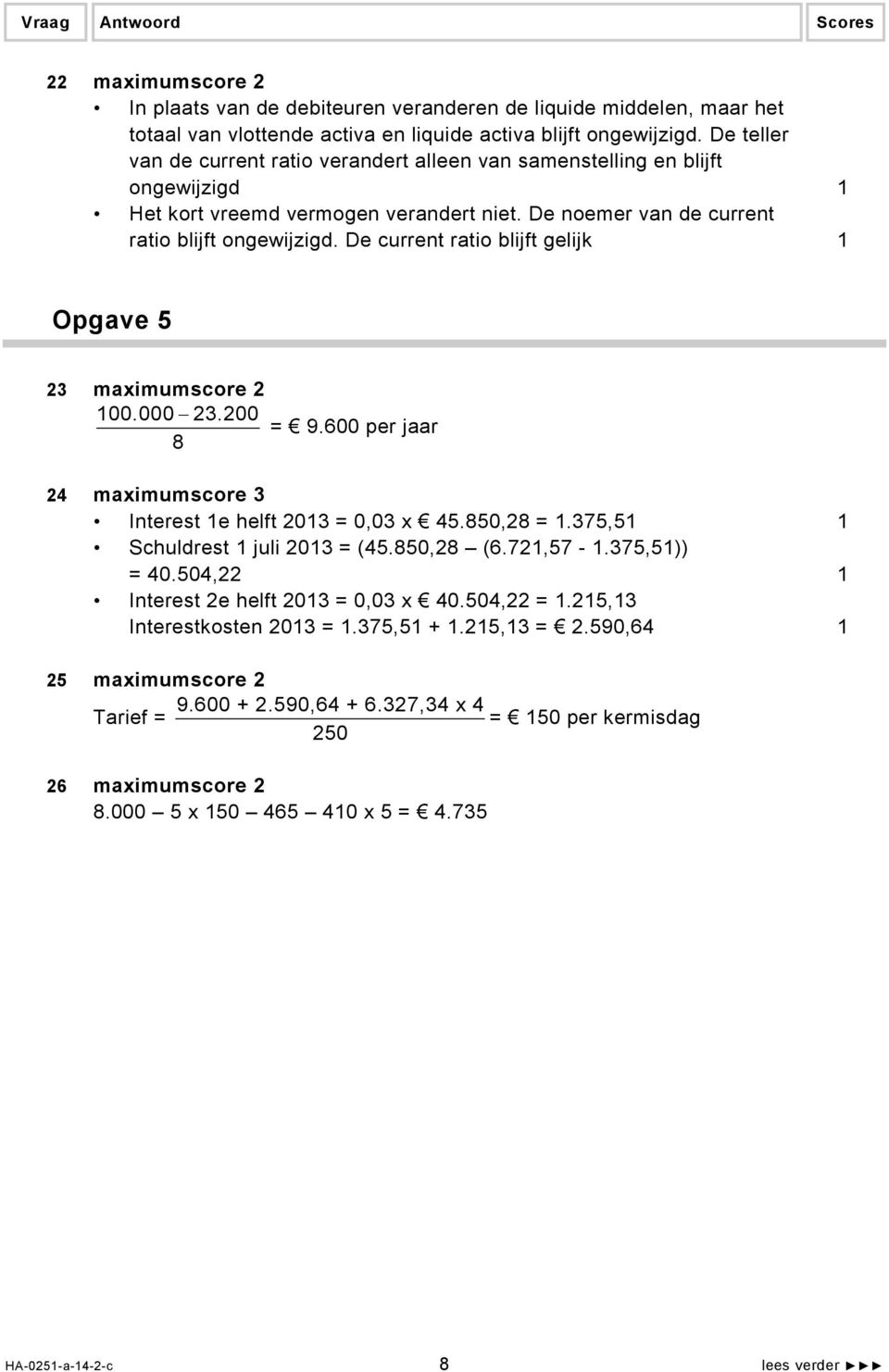 De current ratio blijft gelijk 1 Opgave 5 23 maximumscore 2 100.000 23.200 = 9.600 per jaar 8 24 maximumscore 3 Interest 1e helft 2013 = 0,03 x 45.850,28 = 1.375,51 1 Schuldrest 1 juli 2013 = (45.