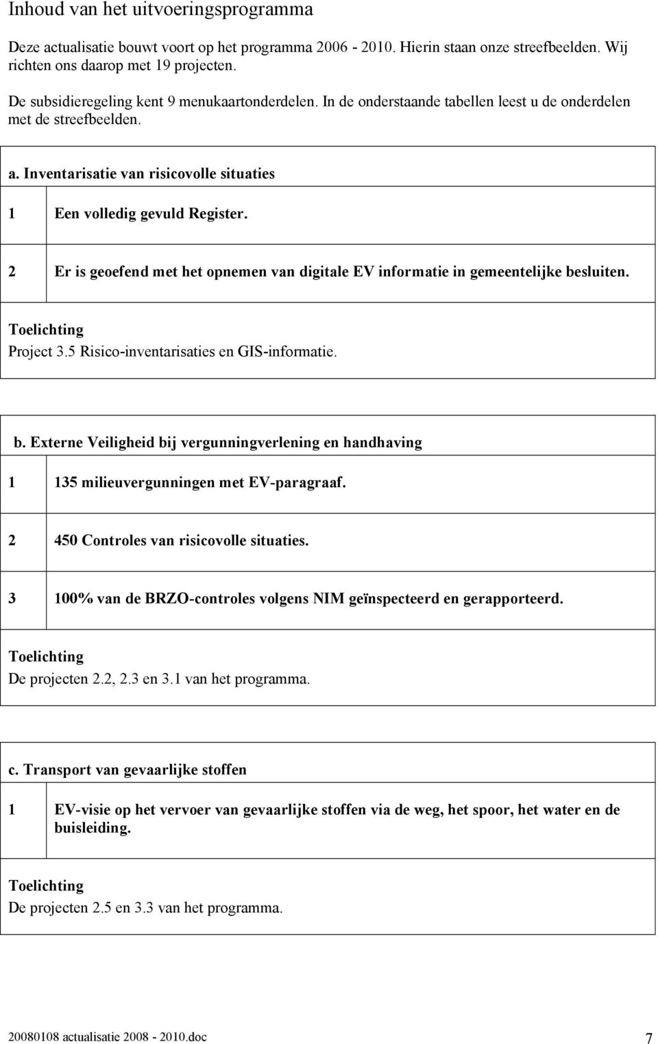 2 Er is geoefend met het opnemen van digitale EV informatie in gemeentelijke besluiten. Toelichting Project 3.5 Risico-inventarisaties en GIS-informatie. b. Externe Veiligheid bij vergunningverlening en handhaving 1 135 milieuvergunningen met EV-paragraaf.