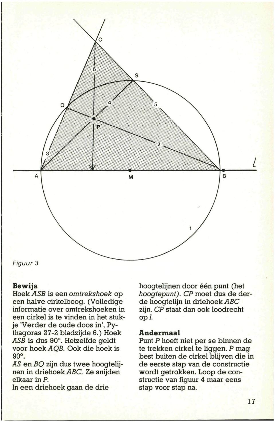 Hetzelfde geldt voor hoeki^ob. Ook die hoek is 90. AS en BQ zijn dus twee hoogtelijnen in driehoek ABC. Ze snijden elkaar in P.