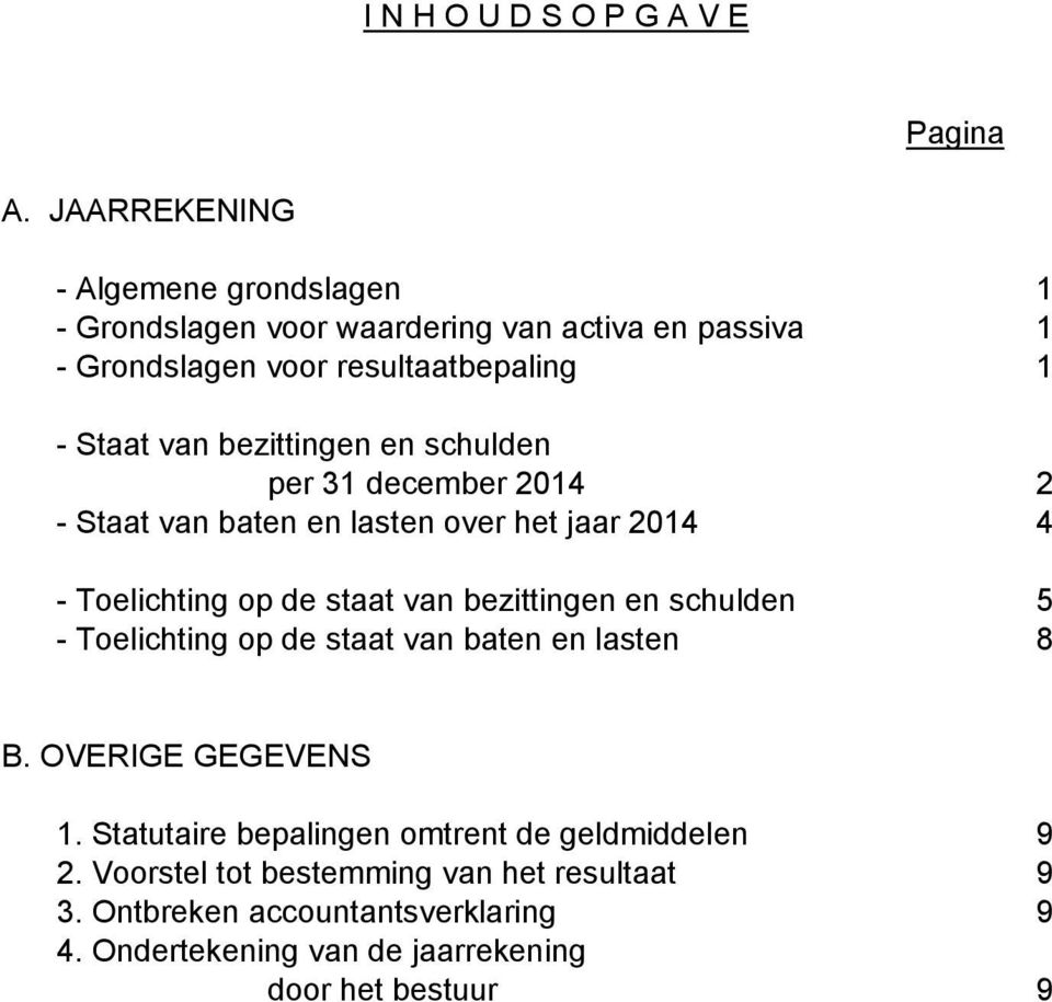 bezittingen en schulden per 31 december 2014 2 - Staat van baten en lasten over het jaar 2014 4 - Toelichting op de staat van bezittingen en