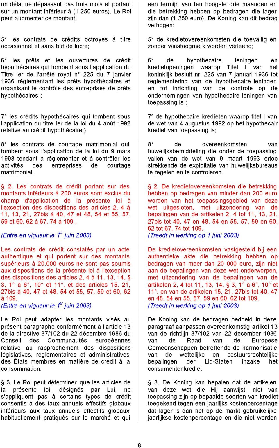 Titre Ier de l'arrêté royal n 225 du 7 janvier 1936 réglementant les prêts hypothécaires et organisant le contrôle des entreprises de prêts hypothécaires ; 7 les crédits hypothécaires qui tombent