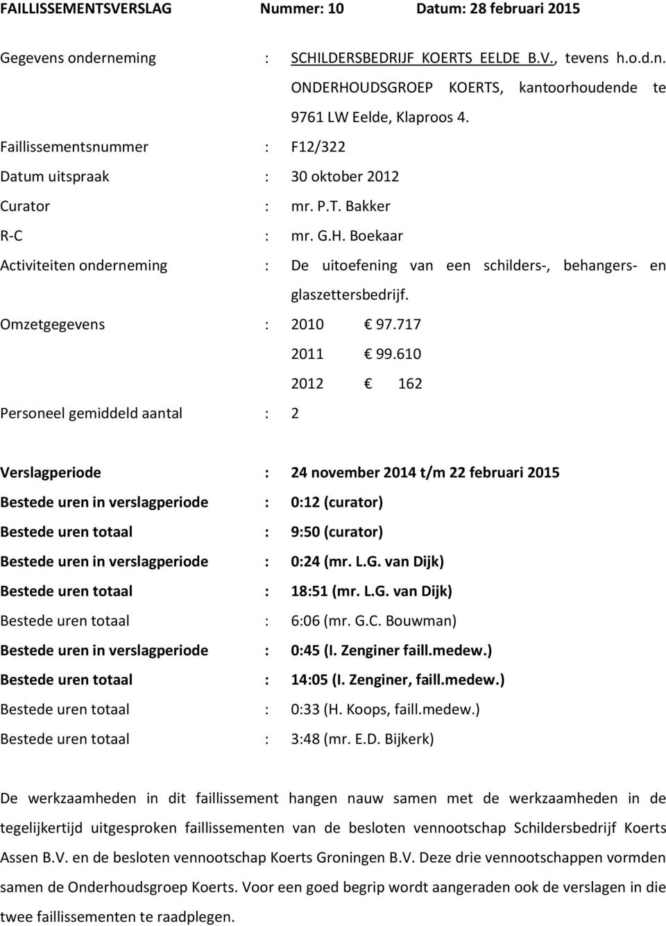 Boekaar Activiteiten onderneming : De uitoefening van een schilders, behangers en glaszettersbedrijf. Omzetgegevens : 2010 97.717 2011 99.