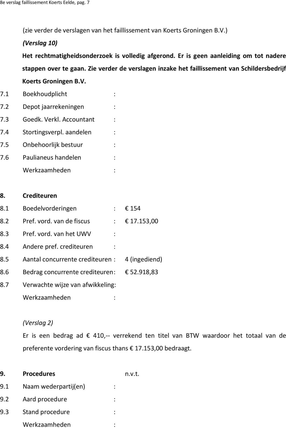 aandelen : 7.5 Onbehoorlijk bestuur : 7.6 Paulianeus handelen : 8. Crediteuren 8.1 Boedelvorderingen : 154 8.2 Pref. vord. van de fiscus : 17.153,00 8.3 Pref. vord. van het UWV : 8.4 Andere pref.