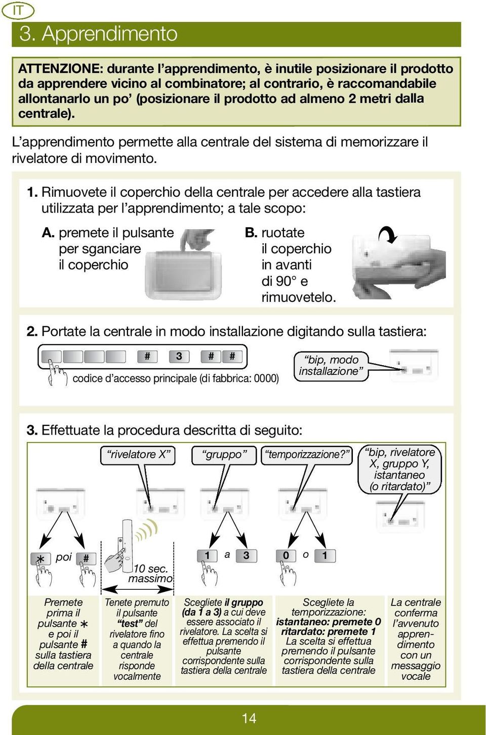 Rimuovete il coperchio della centrale per accedere alla tastiera utilizzata per l apprendimento; a tale scopo: A. premete il pulsante per sganciare il coperchio B.