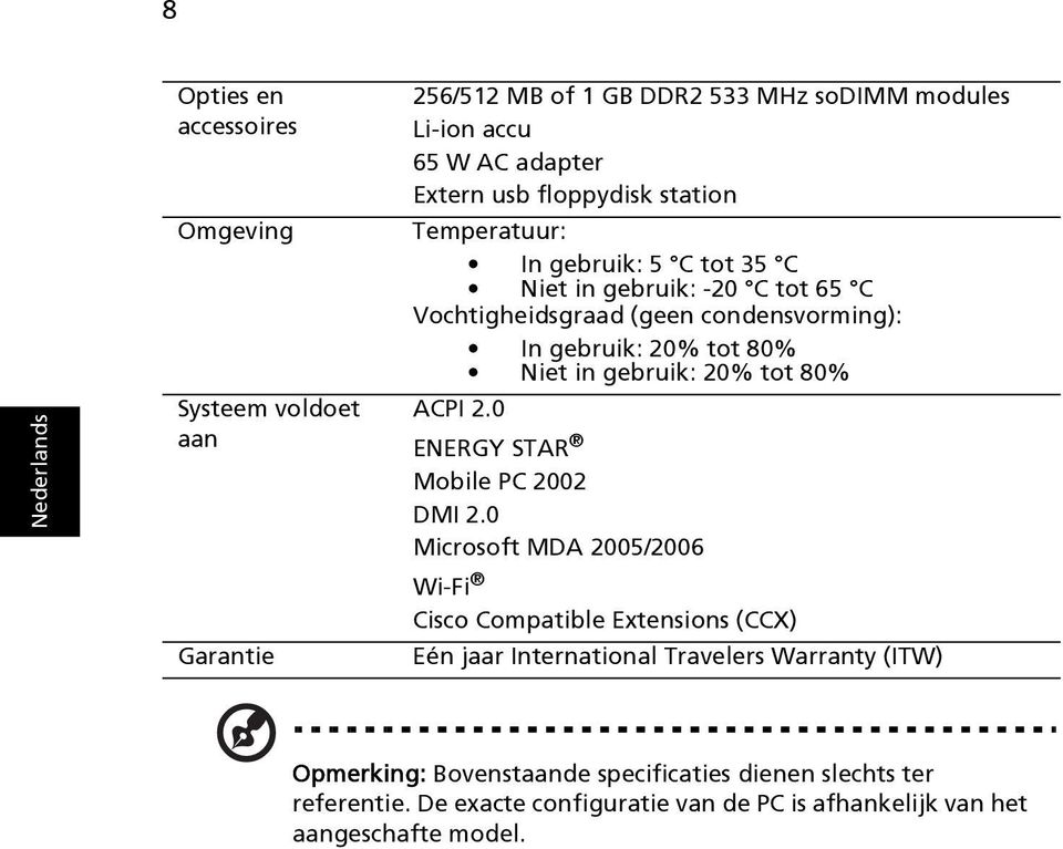 Niet in gebruik: 20% tot 80% ACPI 2.0 ENERGY STAR Mobile PC 2002 DMI 2.