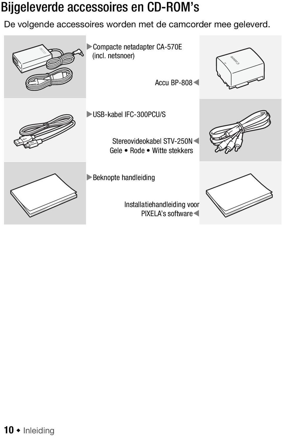 netsnoer) Accu BP-808 USB-kabel IFC-300PCU/S Stereovideokabel STV-250N Gele Rode