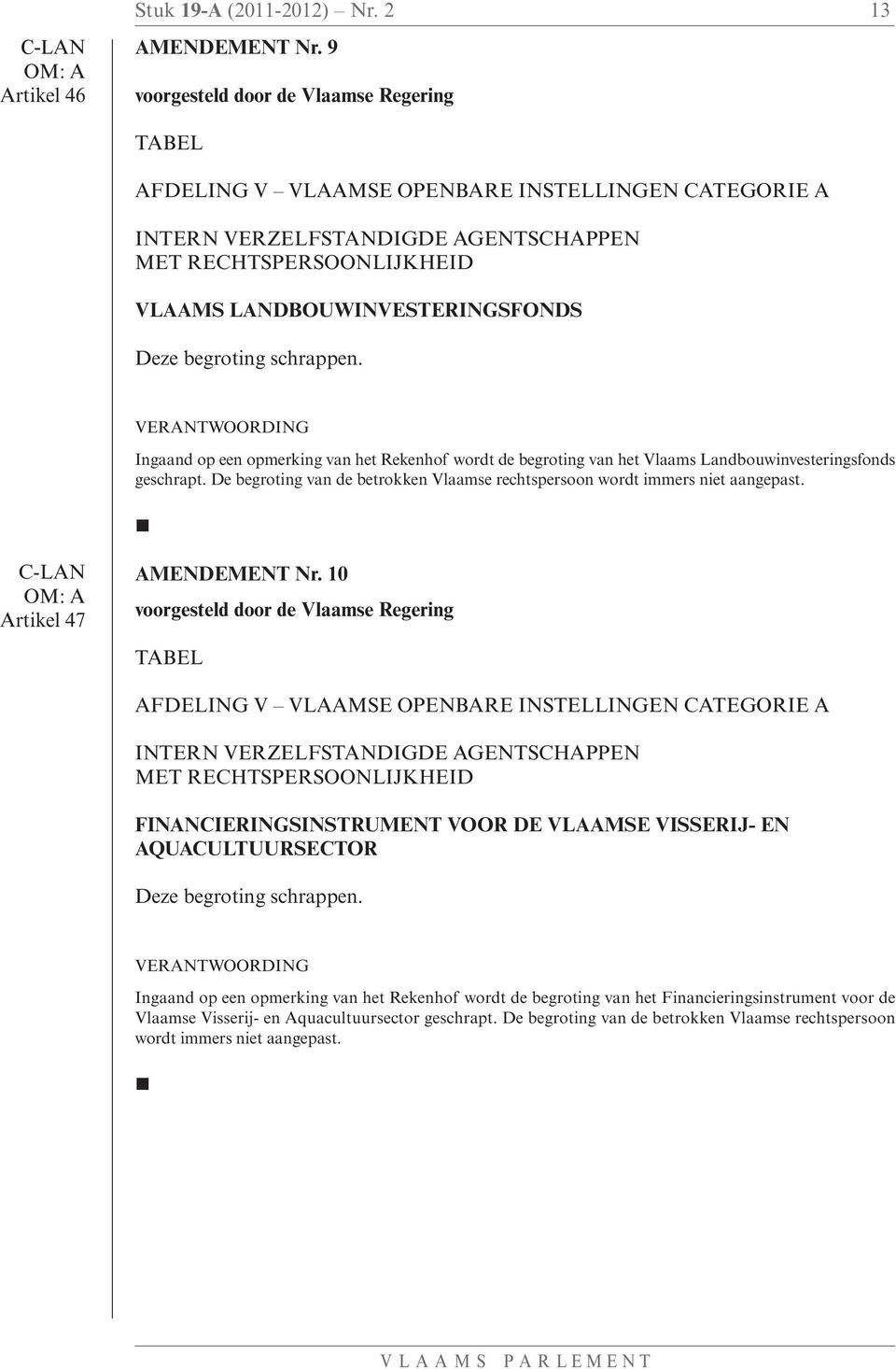 Ingaand op een opmerking van het Rekenhof wordt de begroting van het Vlaams Landbouwinvesteringsfonds geschrapt. De begroting van de betrokken Vlaamse rechtspersoon wordt immers niet aangepast.