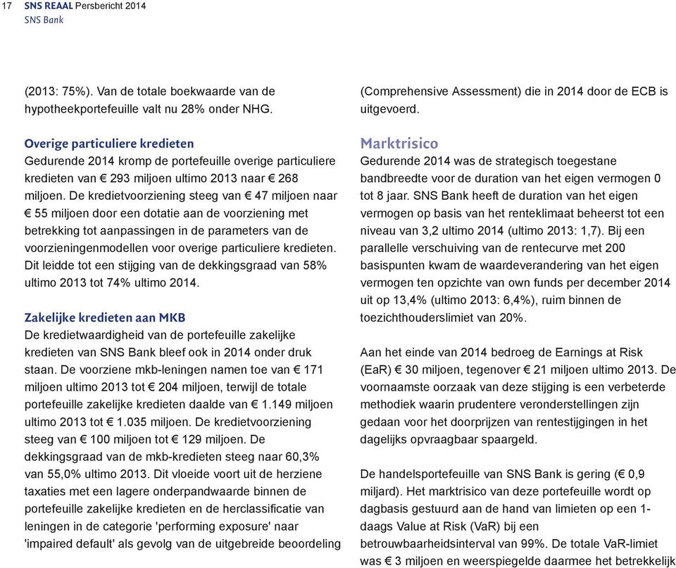 De kredietvoorziening steeg van 47 miljoen naar 55 miljoen door een dotatie aan de voorziening met betrekking tot aanpassingen in de parameters van de voorzieningenmodellen voor overige particuliere