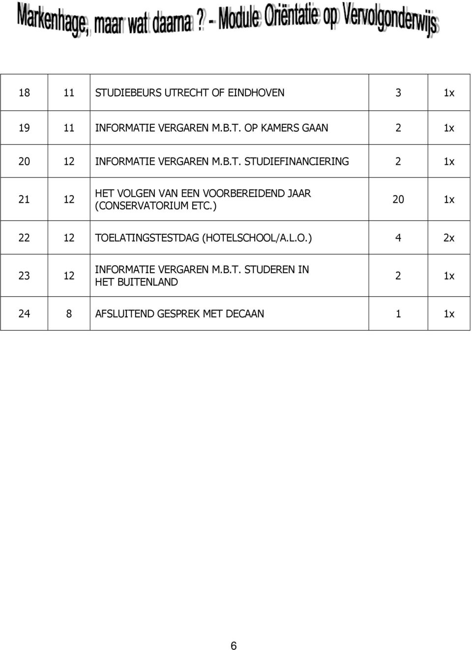 ) 20 1x 22 12 TOELATINGSTESTDAG (HOTELSCHOOL/A.L.O.) 4 2x 23 12 INFORMATIE VERGAREN M.B.T. STUDEREN IN HET BUITENLAND 2 1x 24 8 AFSLUITEND GESPREK MET DECAAN 1 1x 6