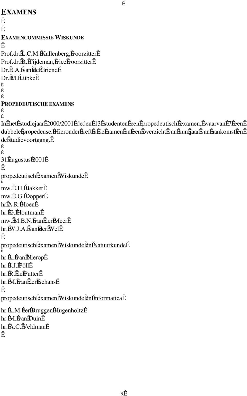 Hieronder treft u de namen en een overzicht van hun jaar van aankomst en de studievoortgang. 31 augustus 2001 propedeutisch examen Wiskunde mw. J.H. Bakker mw. J.G. Dopper hr A.R. Hoen hr.