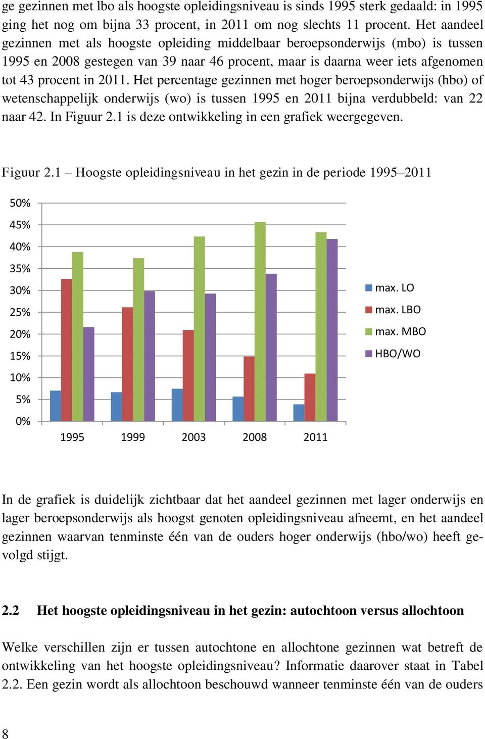 Het percentage gezinnen met hoger beroepsonderwijs (hbo) of wetenschappelijk onderwijs (wo) is tussen 1995 en 2011 bijna verdubbeld: van 22 naar 42. In Figuur 2.