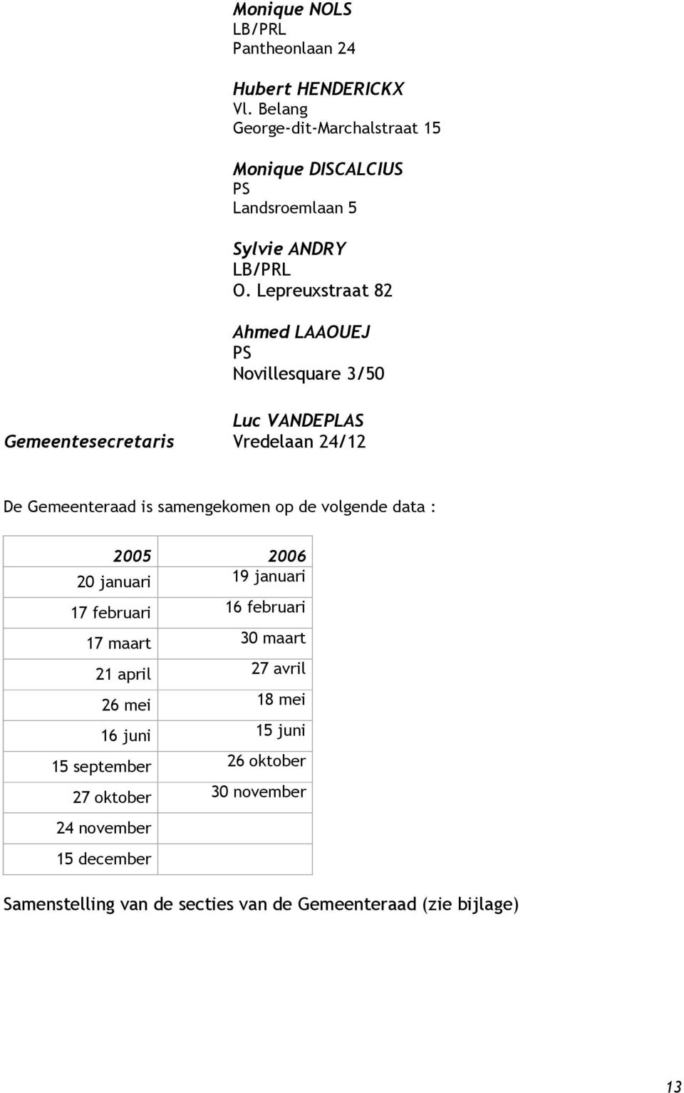 Lepreuxstraat 82 Ahmed LAAOUEJ PS Novillesquare 3/50 Gemeentesecretaris Luc VANDEPLAS Vredelaan 24/12 De Gemeenteraad is samengekomen op de