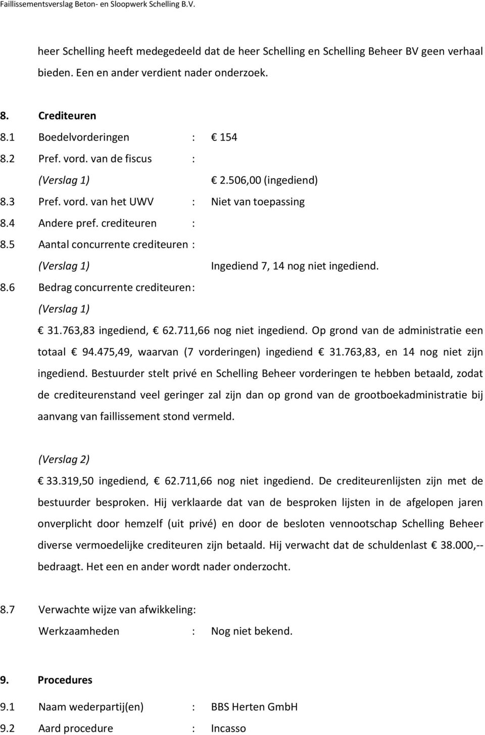 5 Aantal concurrente crediteuren : (Verslag 1) Ingediend 7, 14 nog niet ingediend. 8.6 Bedrag concurrente crediteuren : (Verslag 1) 31.763,83 ingediend, 62.711,66 nog niet ingediend.