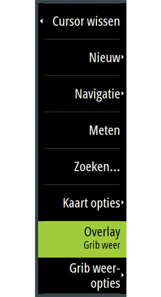 Via de internetverbinding van de unit kunt u PredictWind-bestanden als volgt automatisch of handmatig downloaden vanaf de PredictWind-website: - Schakel in het menu Kaart de GRIB-weeroverlay in.