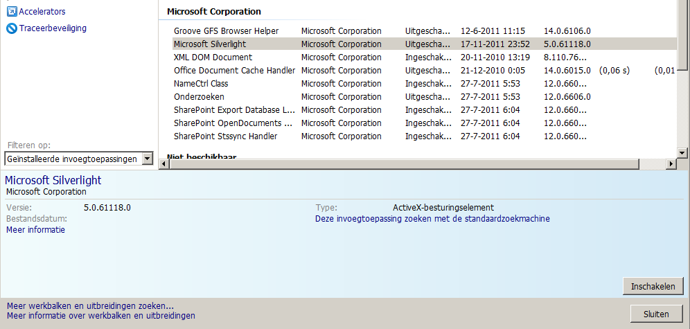 Controleer of de Silverlight plugin geactiveerd is via Internet Explorer: Ga naar Internet opties, tabblad programma's en kies voor 'Invoegtoepassingen beheren' Kies voor filteren op alle