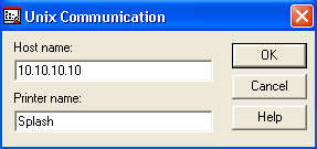 NETWERKINSTELLINGEN 21 6 Typ in het dialoogvenster Unix Communication (Unix-communicatie) de hostnaam (DNSnaam of IP-adres) van de Splash RPX-ii en de printernaam en klik op OK.