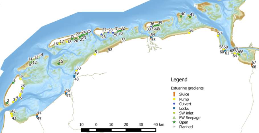 Huidige overgangen tussen zout en zoet in het NL waddengebied, Ongeveer 30 vispassages (gerealiseerde /gepland) & 10 barrières Kosten bestaande