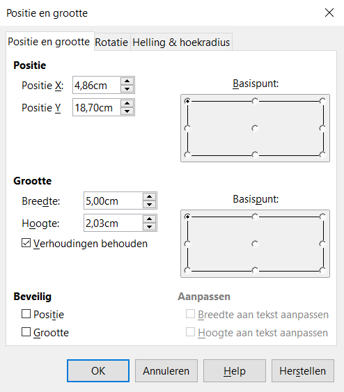 Afbeelding 9: Dialoogvenster Positie en