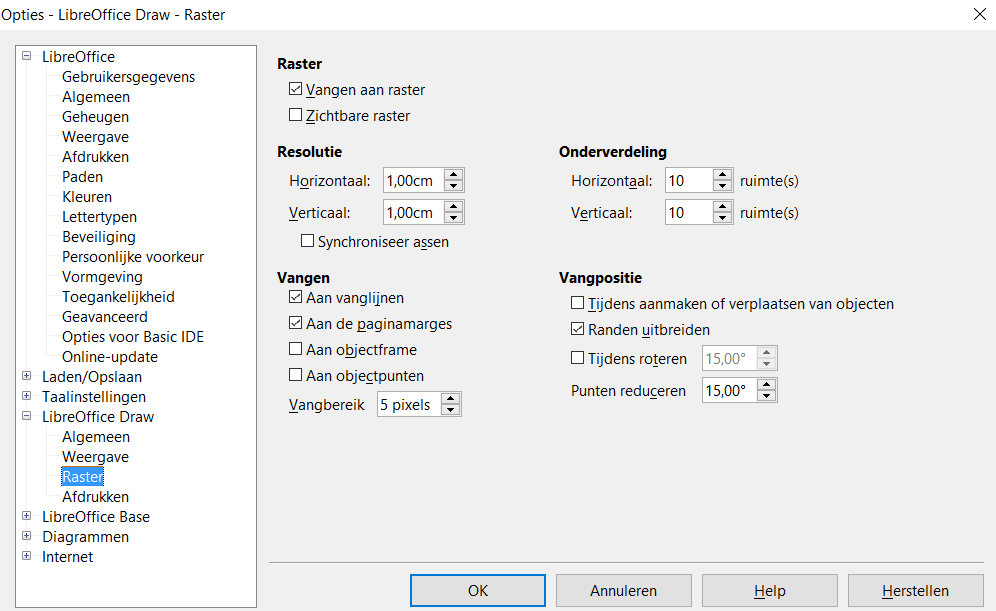 Afbeelding 13: Dialoogvenster LibreOffice Draw Raster Afbeelding 14: Werkbalk Opties Raster stelt de rasteropties in op de pagina's van het document.