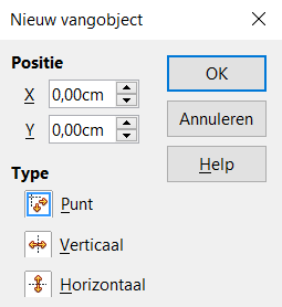 Afbeelding 16: Dialoogvenster Nieuw vangobject Positie stelt de positie van een geselecteerd vangpunt in, relatief ten opzichte van de linker bovenhoek van de pagina.