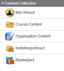 1 De content collection van Blackboard 9.1 De content collection van Blackboard 9.1 is de verzameling (collection) van alle bestanden (content) die door gebruikers worden toegevoegd aan Blackboard (meestal via een cursus of community).