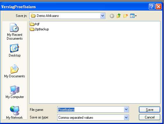 Die naam van die dokument kan ook verander word: Verslae in CSV formaat is geskik om direk