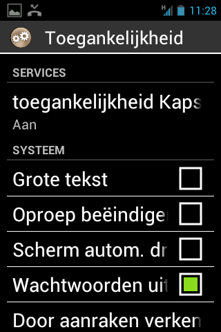 - "Accu": beheer batterijverbruik - "Toepassingen": beheer de geïnstalleerde applicaties op je telefoon. - "Accounts & synchroniseren": beheer je e-mail en synchronisatie.