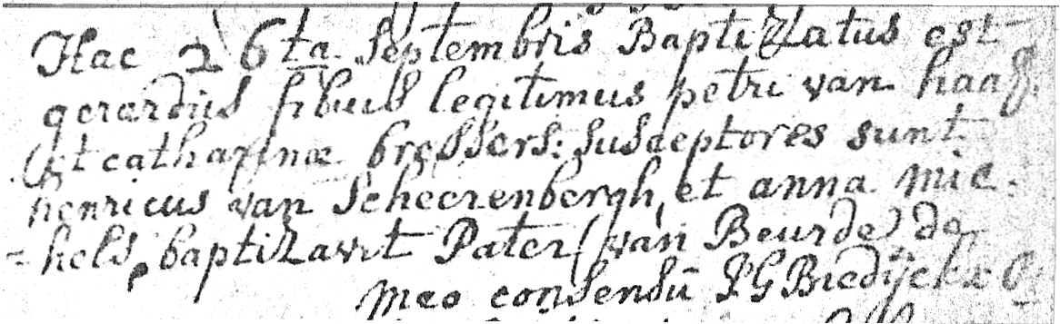 XIIIb-3 Pastoor Gerardus van HAAFF Na Jacobus en Michiel is hij de derde zoon van XIIIb) geboren en RK gedoopt te Megen op vrijdag 26 september 1755.