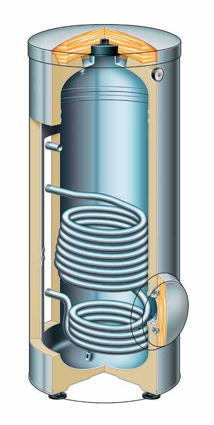 Vitocell 300-V Warmwaterboiler (staand) 1 Reservoir uit roestvast staal 2 Opening voor inspectie en onderhoud 3 Verwarmingsspiraal uit roestvast staal 2 tot aan de bodem van de boiler dit zorgt