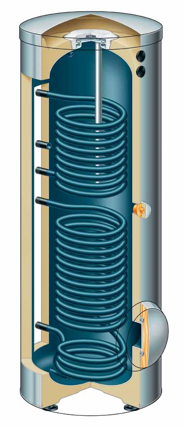 Vitocell 100-B Warmwaterboiler (bivalent) 1 2 1 Reservoir en verwarmingsspiralen uit staal, met Ceraprotect-emaillering 2 Magnesium- of zwerfstroomanode 3 Verwarmingsspiraal bovenaan voor