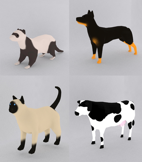 Figuur 13: De 3D modellen van een fret, hond, kat en koe.