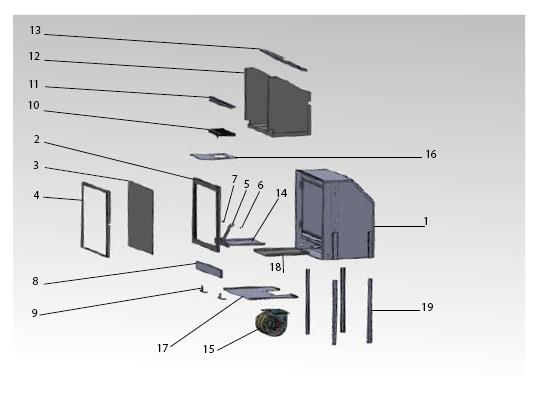 Nordic met niet-ingebouwde ventilator Post Beschrijving Post Beschrijving 1 2 3 4 5 6 7 8 9 10 11 Geschilderde geassembleerde inzethaard Deurkader Ruit Kader van de ruit Deurklink Schroef van de