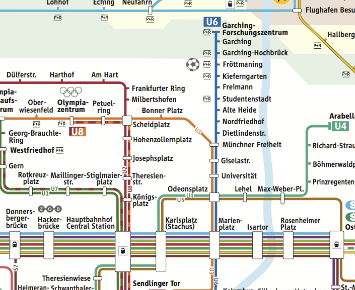 U6 Metrolijn (Blauwe lijn) Fröttmaning Marienplatz (Verzamelplein) Welk ticket moet ik in München hebben om met de Metro (U-Bahn) te reizen?