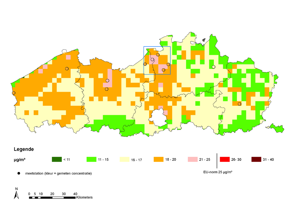 Figuur 5: Jaargemiddelde concentratie PM 2,5 in Vlaanderen in 2011 (RIO-Corine) Het RIO-Corine model berekent hierbij ook een kaart met de relatieve onzekerheid per gridcel (figuur 6).