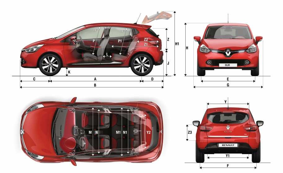 AFMETINGEN (mm) NIEUWE CLIO Volume Kofferruimte (in liter volgens ISO norm) 300 Bagageruimte tot plafond en met neergeklapte achterbank 1 146 A Wielbasis 2 589 B Totale lengte 4 062 C Overhang voor