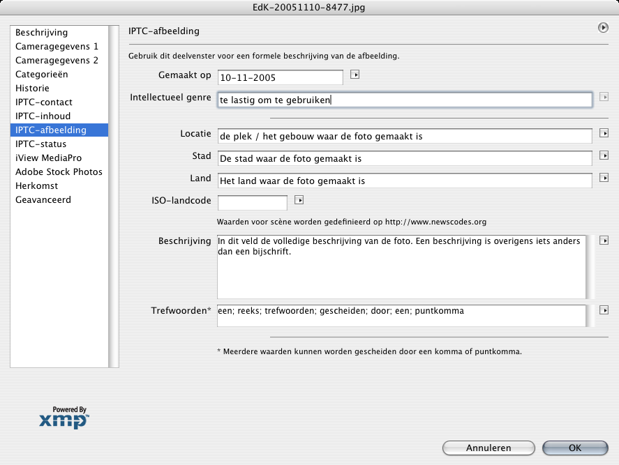 velden in verschillende vensters terug, maar het is dezelfde informatie. Er zijn vier vensters waarvan de naam met 'iptc' begint, daar kan alle informatie worden ingevuld over de fotograaf en de foto.