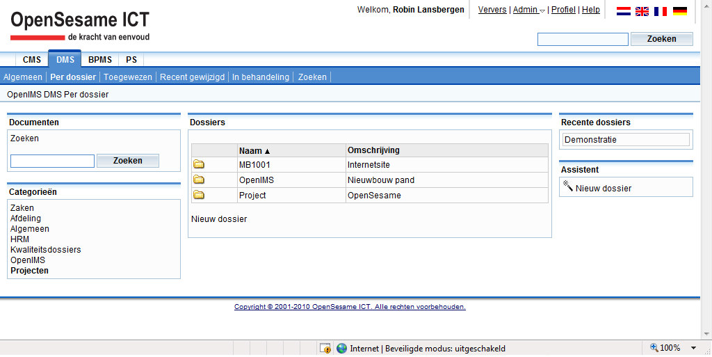 Indien in het documenten overzicht een bepaald document wordt geselecteerd worden in de document acties sectie de acties weergegeven die op het betreffende document kunnen worden uitgevoerd.