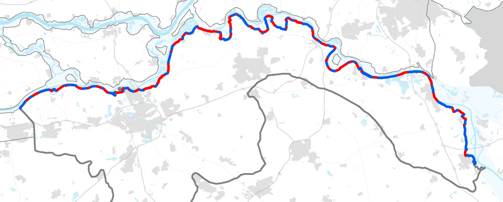 Figuur 7. Voorbeeld van een vakindeling: de onderverdeling van dijkring 36 Land van Heusden/de Maaskant in 12 dijkvakken.