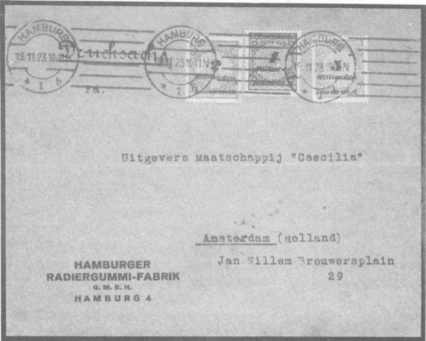 Rentenpfennig. Het tarief voor brieven naar het buitenland werd toen gesteld op 300 miljard mark of op 30 Rentenpfennig. De inflatiezegels waren nog de gehele maand december 1923 geldig.