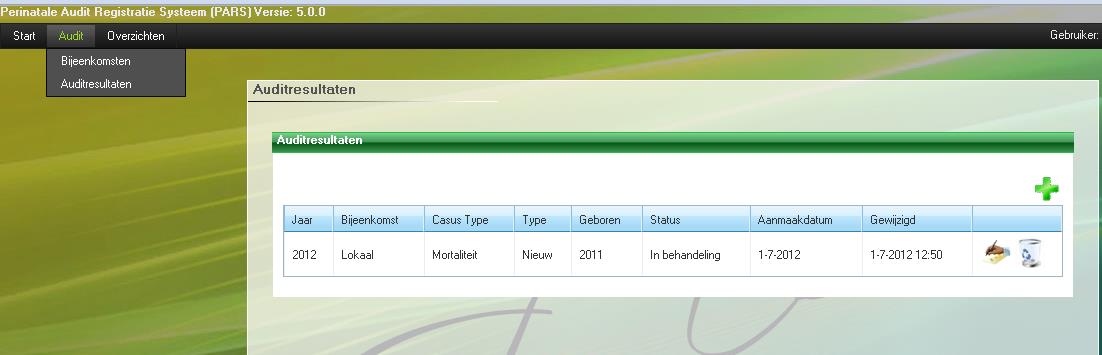3 PARS 2: auditresultaten De auditresultaten worden per casus ingevoerd. Kies via <<Audit>> (zwarte balk links boven) de knop <<Auditresultaten>>.