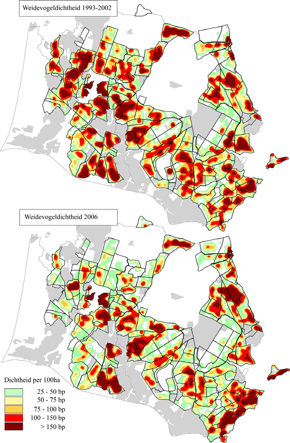 Figuur 6.1 Dichtheid van weidevogels in twee tijdperioden: 1993-2002 (boven) en 2006 (onder).