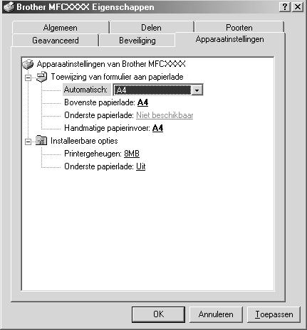 Het tabblad Apparaatinstellingen Toewijzing van formulier aan papierlade Hier kunt u aangeven welk papierformaat er in de verschillende papierbronnen zit.