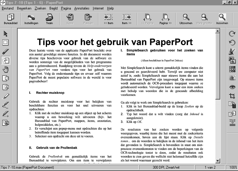 Pagina beeld toont een close-up van één pagina. U opent een PaperPort -item door er gewoon op te dubbelklikken.